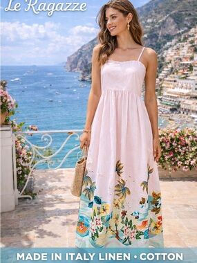 Le Ragazze Italy Linen Cotton Tropical Maxi Sundress Pink Palm Beach Size L